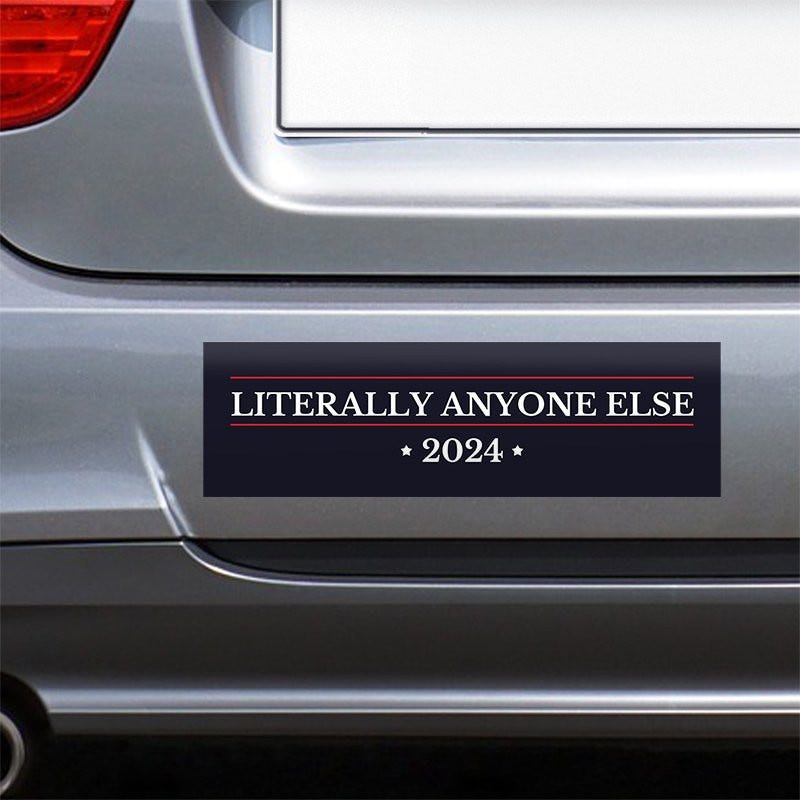 Literally Anyone Else Bumper Sticker on the bumper of a gray car