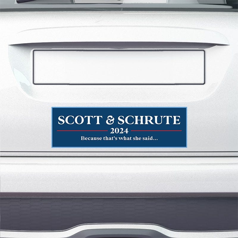 Scott Schrute Political Bumper Sticker on the bumper of a white car
