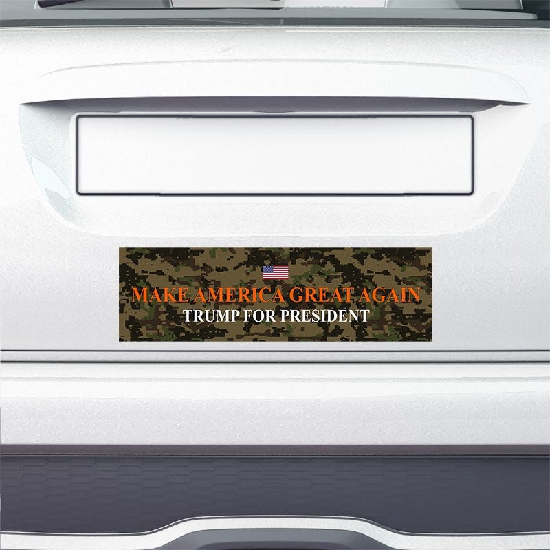 Camo MAGA Bumper Sticker on the bumper of a white car