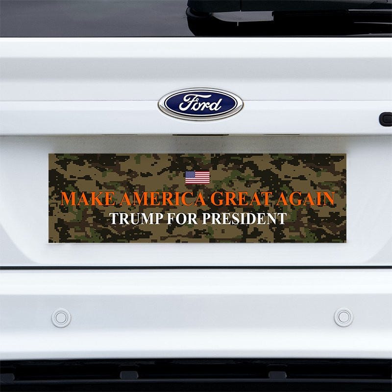 Camo MAGA Bumper Sticker on a white truck