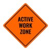 Orange aluminum sign with the message of an active work zone