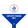 A white and blue split design diamond sign for employee parking on a pole