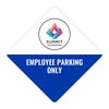 A white and blue split design diamond sign on a white background