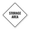 A white diamond aluminum sign with the message STORAGE AREA