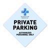A custom blue diamond aluminum sign with a private parking message and a hospital logo