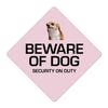 A custom pink diamond sign with a beware of dog message and a funny dog image