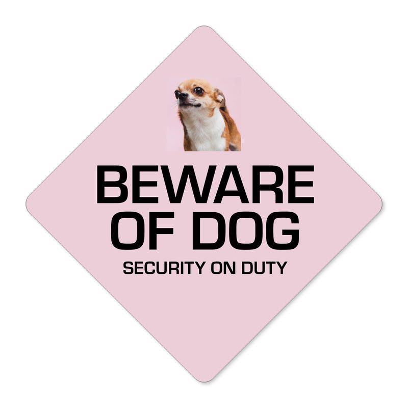 A custom pink diamond sign with a beware of dog message and a funny dog image
