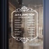 A white business hour decal on a window for a coffee shop