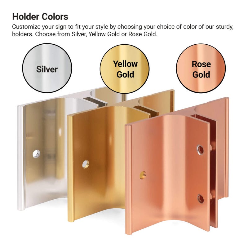 Infographic showing holder color options, shown in Silver, Yellow Gold, and Rose Gold finishes.