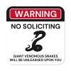 Funny no soliciting sign warning of venomous snake with icon of black snake