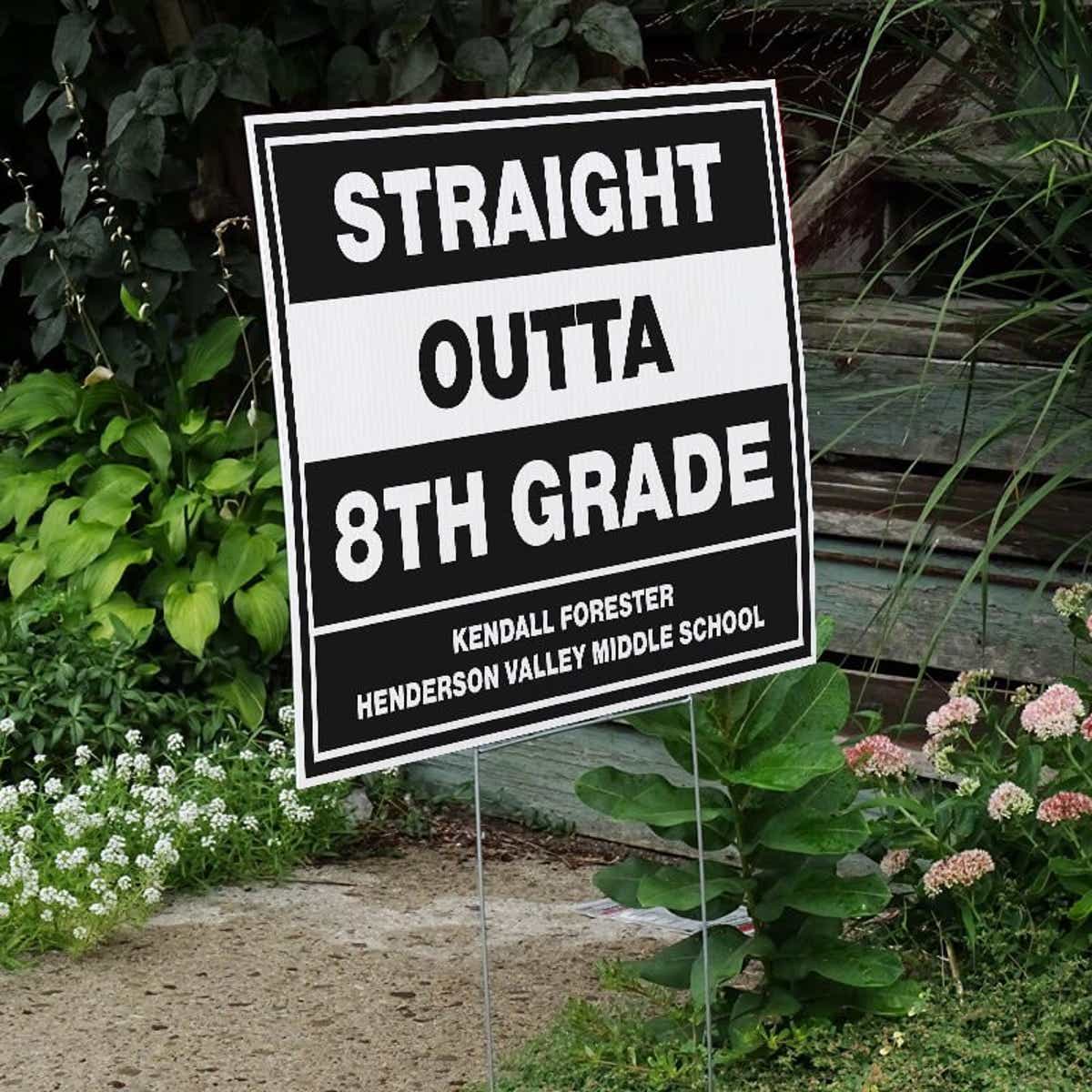 Straight Outta 8th Grade Graduation Yard Sign Next to Stairs