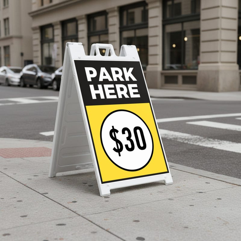 A $30 park here sandwich board sign displayed by a parking garage