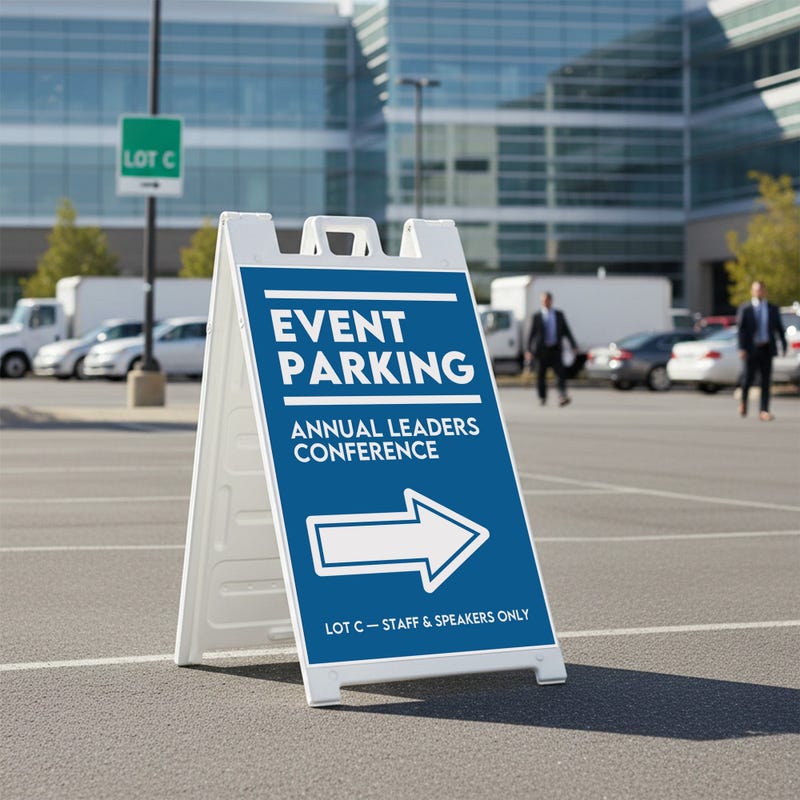 An event parking A-frame sign for an annual leaders conference in a parking lot 