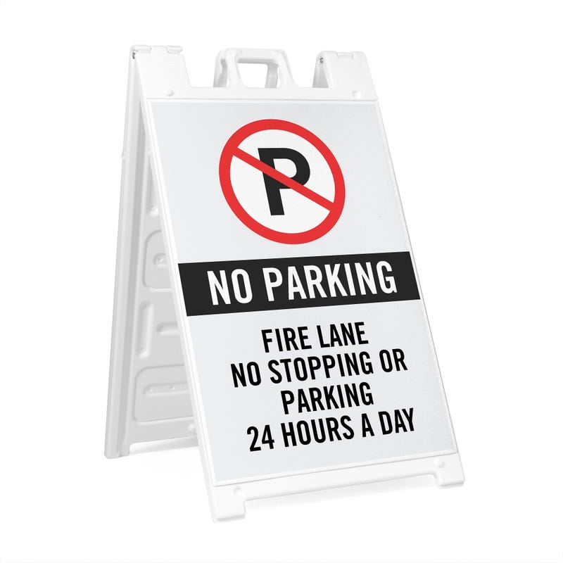 No parking sandwich board sign with a custom message for a fire lane