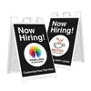 Now hiring sandwich board signs with two different logos
