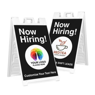 Now hiring sandwich board signs with two different logos