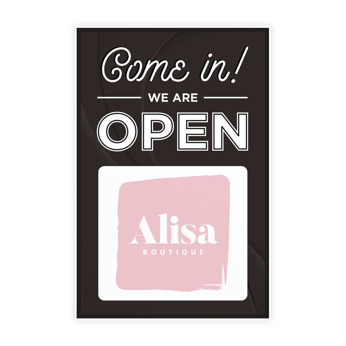 A sandwich board sign for a boutique that says We Are Open and features their logo