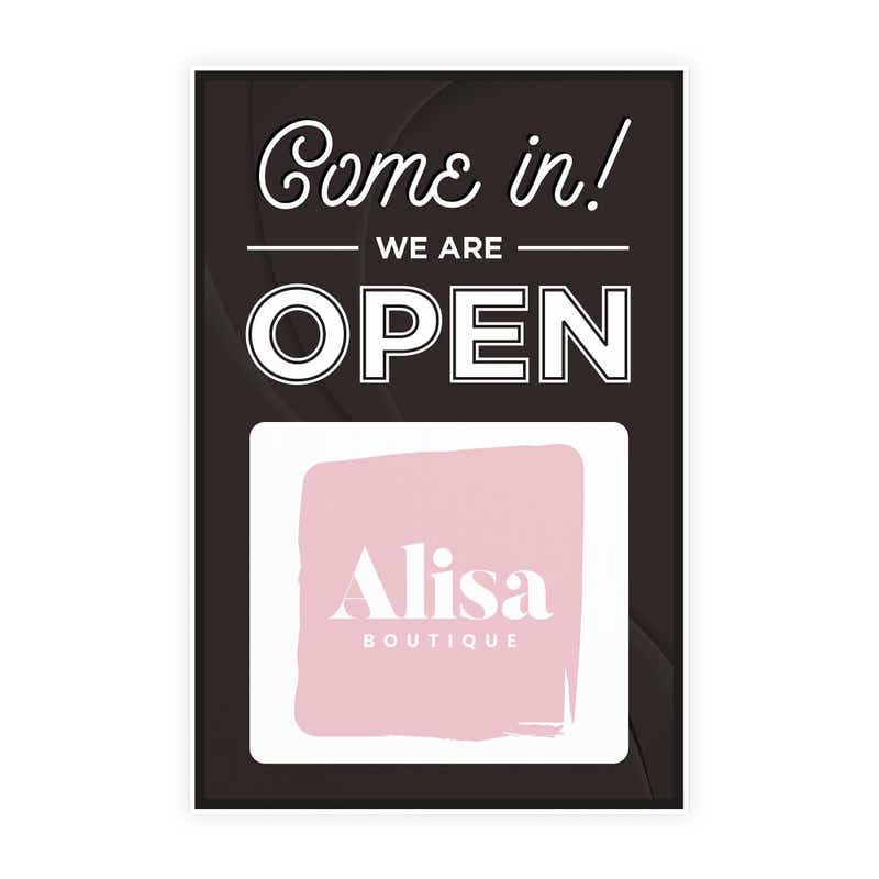 A sandwich board sign for a boutique that says We Are Open and features their logo