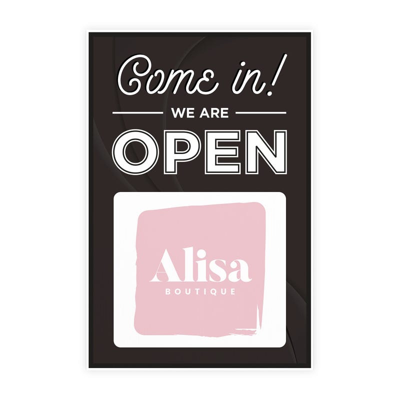 A sandwich board sign for a boutique that says We Are Open and features their logo