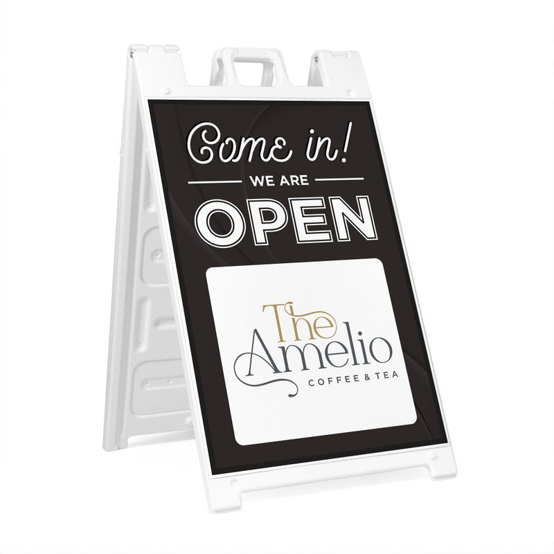A We Are Open sandwich board sign for a coffee and tea shop