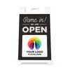 The front-facing view of a custom We Are Open sandwich board sign that shows where the uploaded logo will go