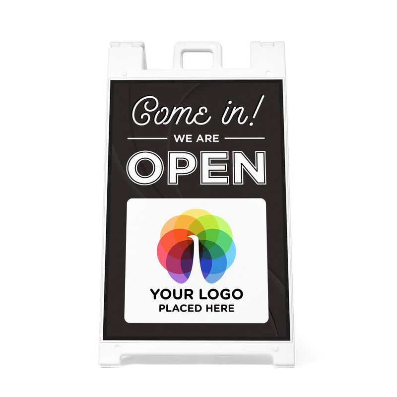 The front-facing view of a custom We Are Open sandwich board sign that shows where the uploaded logo will go