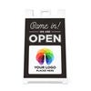 The front-facing view of a custom We Are Open sandwich board sign that shows where the uploaded logo will go