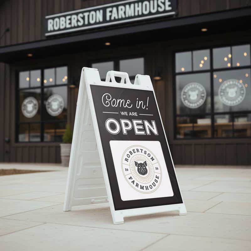 A sandwich board sign that says We Are Open and features the restaurant's logo