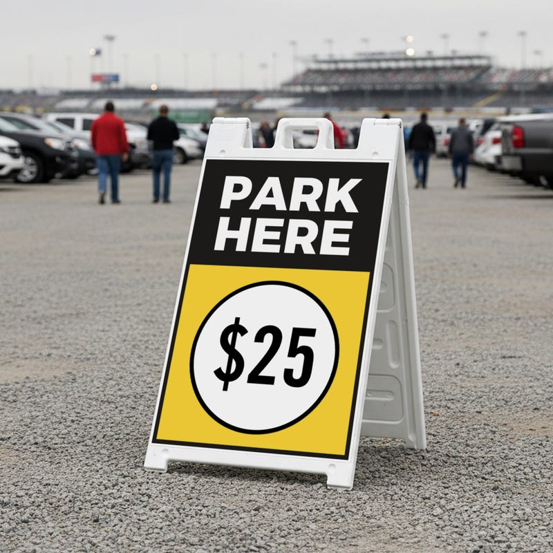 A $25 park here sandwich board displayed near a stadium 