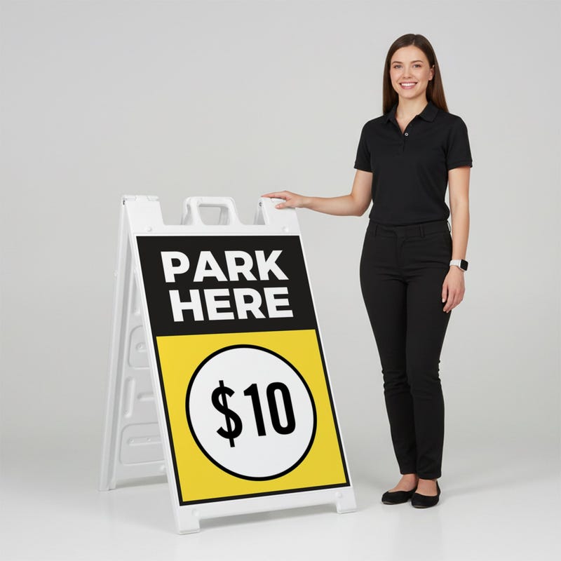A woman standing next to the park here A-frame sign with her hand on the top of the sign