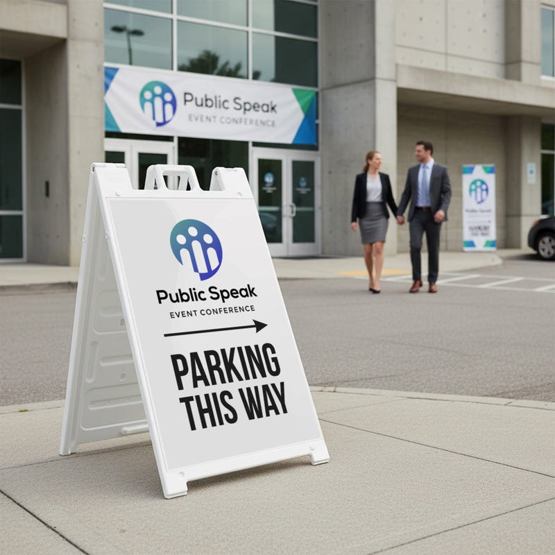 A parking sidewalk sign displayed outside of an event conference 