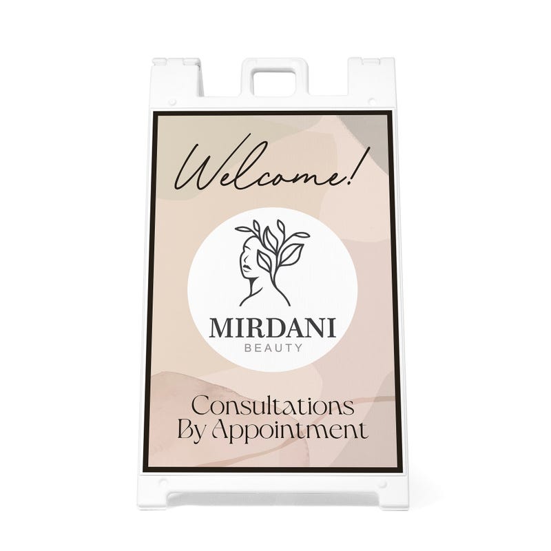 A welcome sandwich board sign with a custom logo and custom text