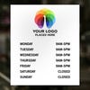 Custom Business Hours Sign with Logo displayed in a window