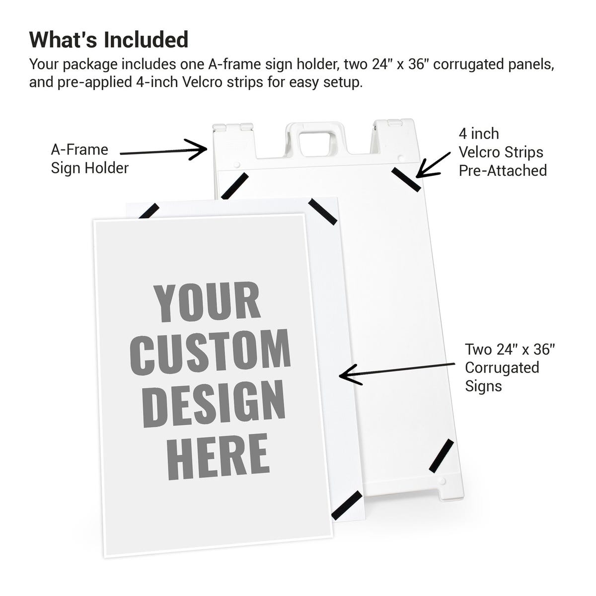 How the A-frame sign stays in place using hook-and-loop fasteners on each corner of the sign and can be removed without damaging the sign