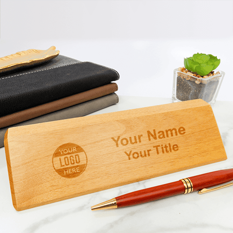 Wooden engraved desk plate on desk
