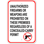 Unauthorized Firearms Carry Permit 18" x 12" Aluminum Sign