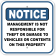Notice Management Not Responsible for Damages 12" x 12" Aluminum Sign