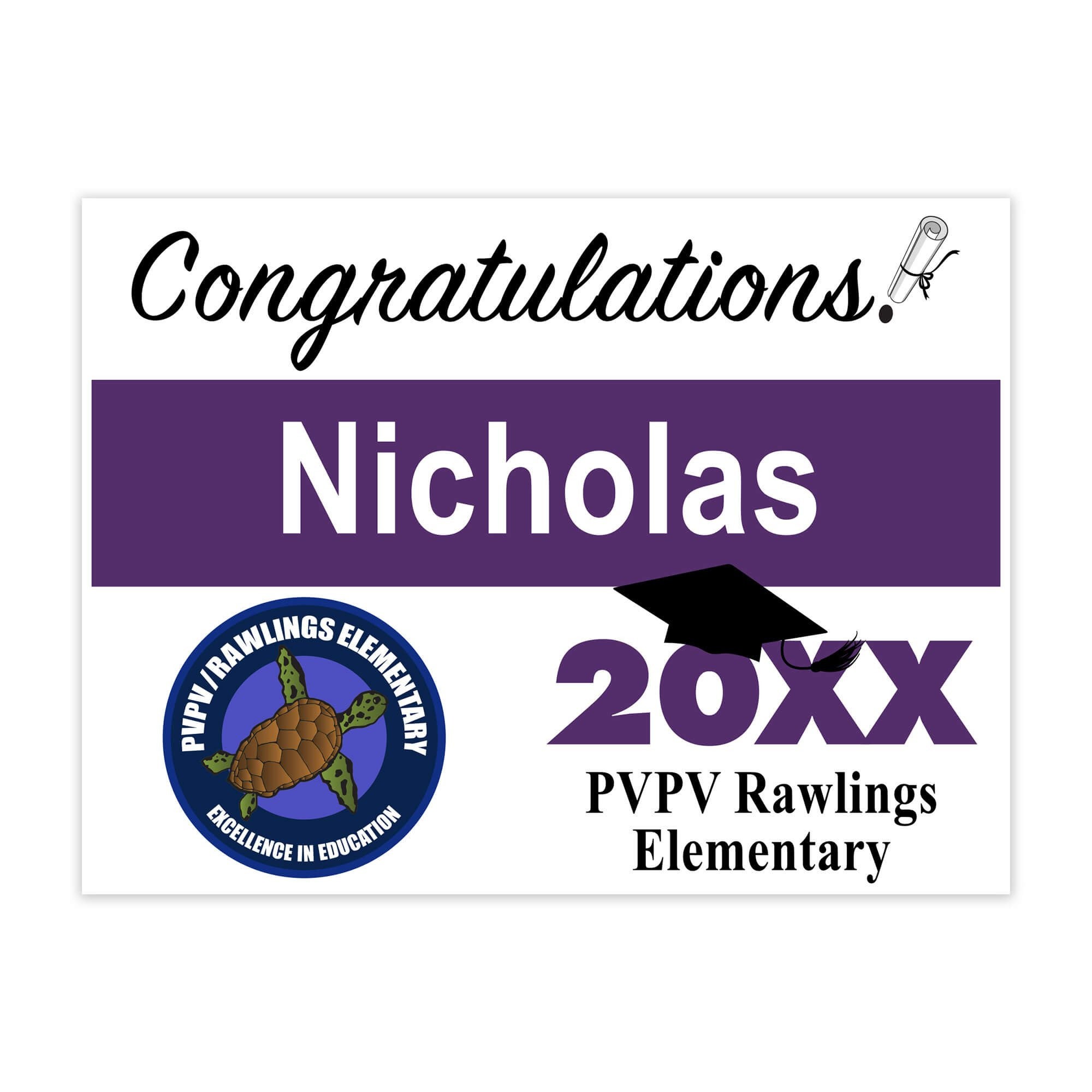Custom graduation yard sign with student's name and school logo