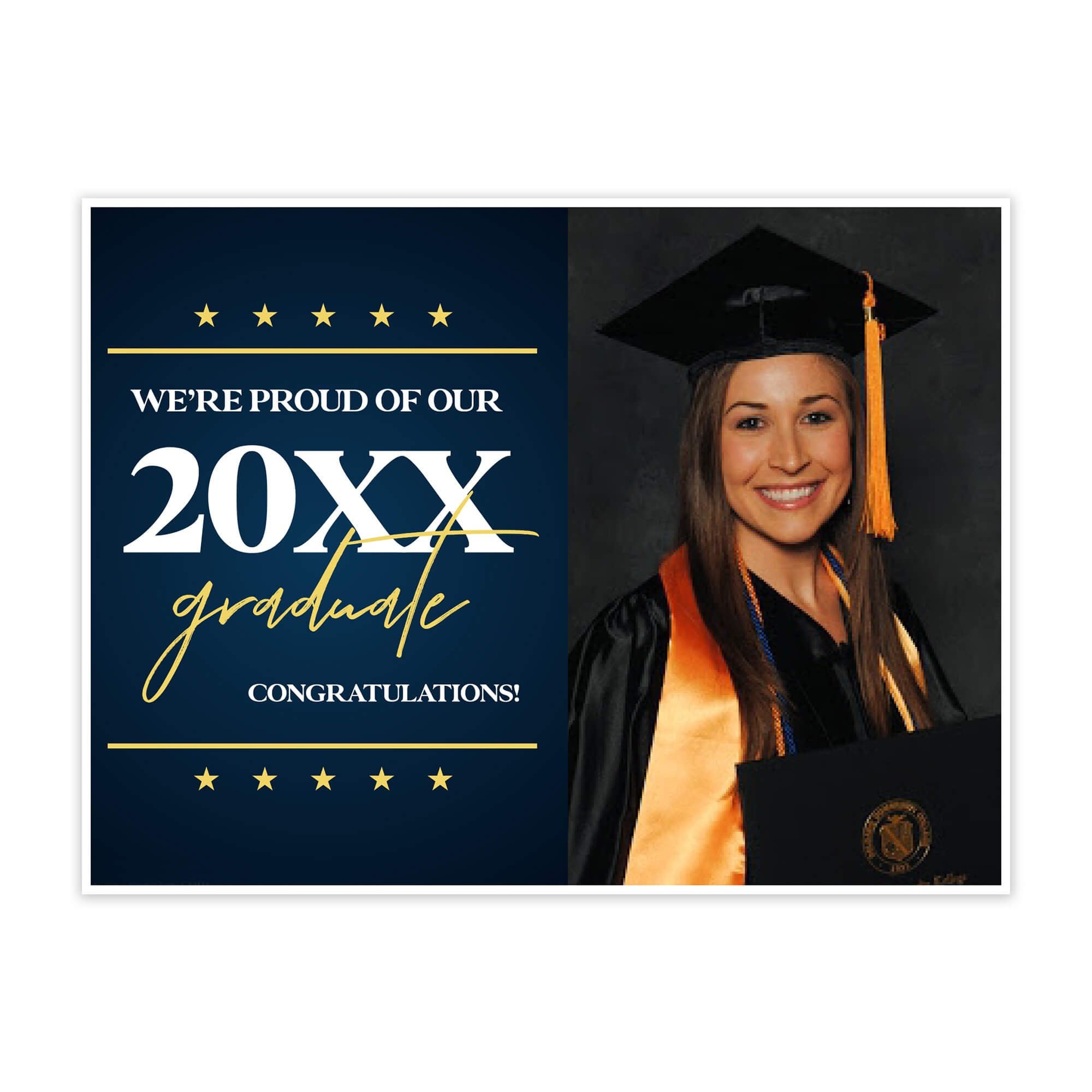 Custom graduation yard sign with student photo and decorative text