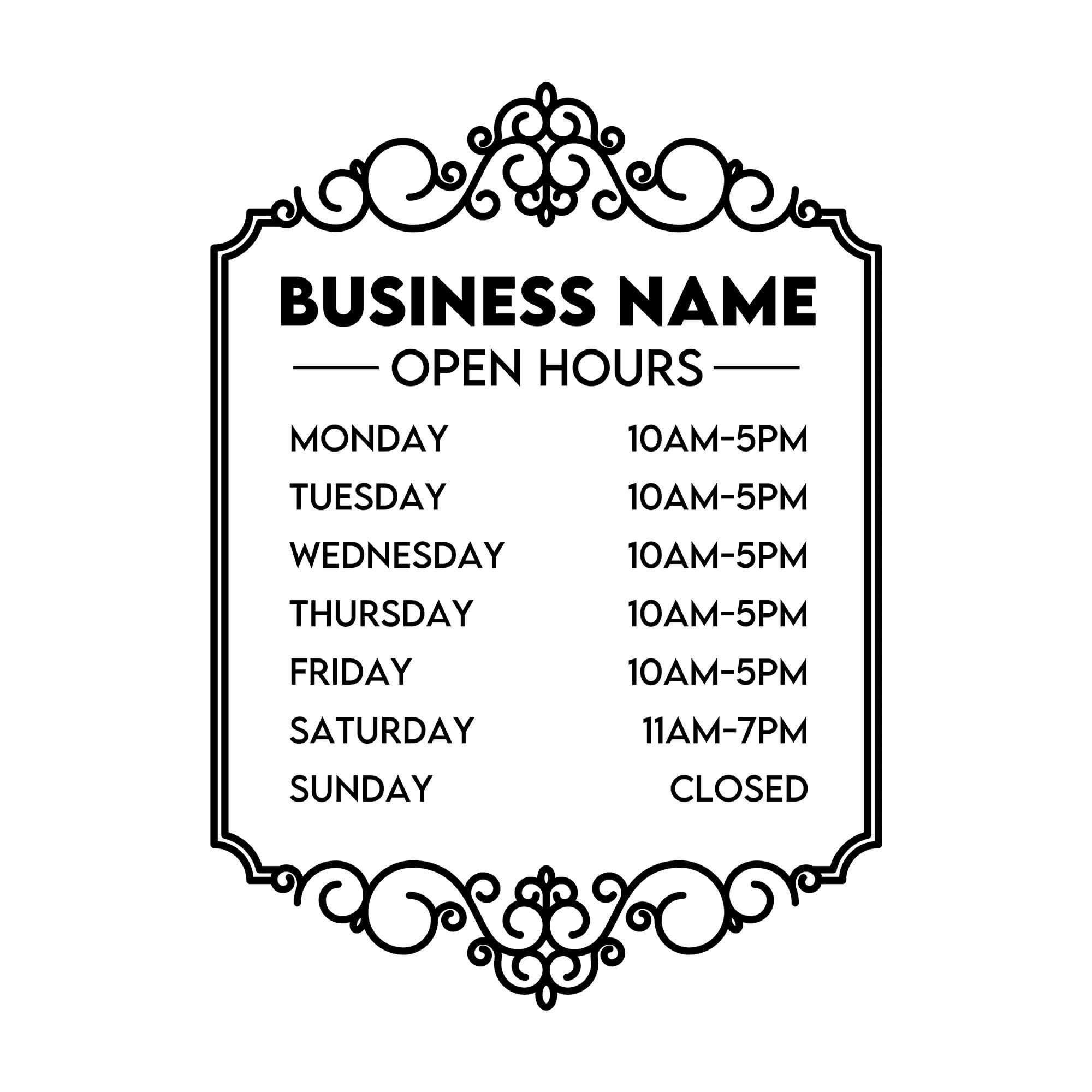 Business Hour Window Decal with Decorative Border