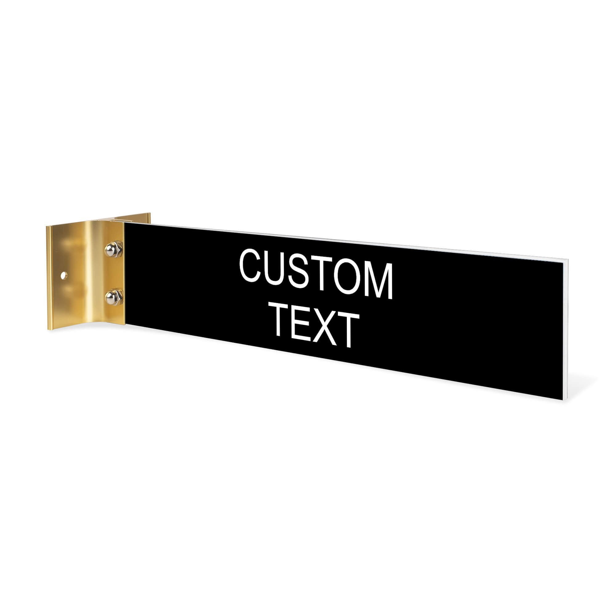 2” x10” “Custom Text” Corridor sign with black material color, white engraved text, and yellow gold holder on a white background.