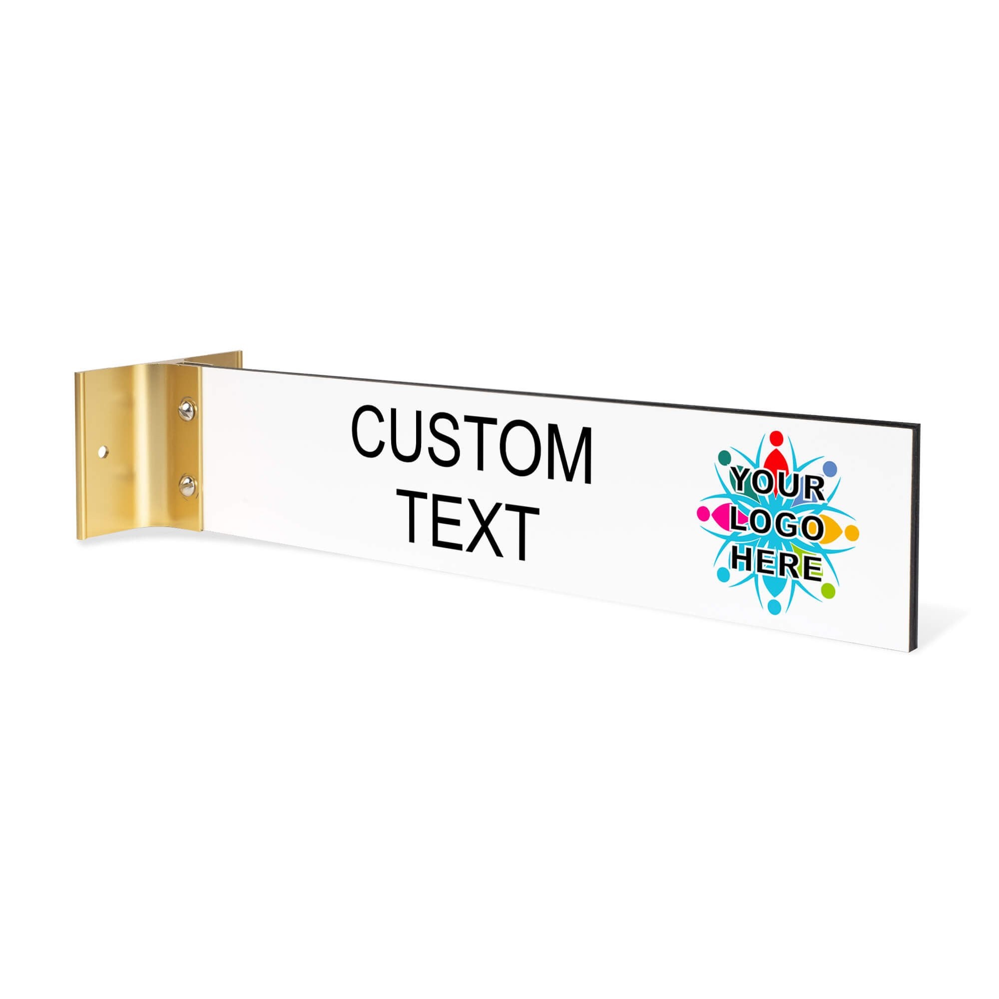 2” x10” “Custom Text” Corridor sign with gold holder and placeholder logo, customizable text on a white background.