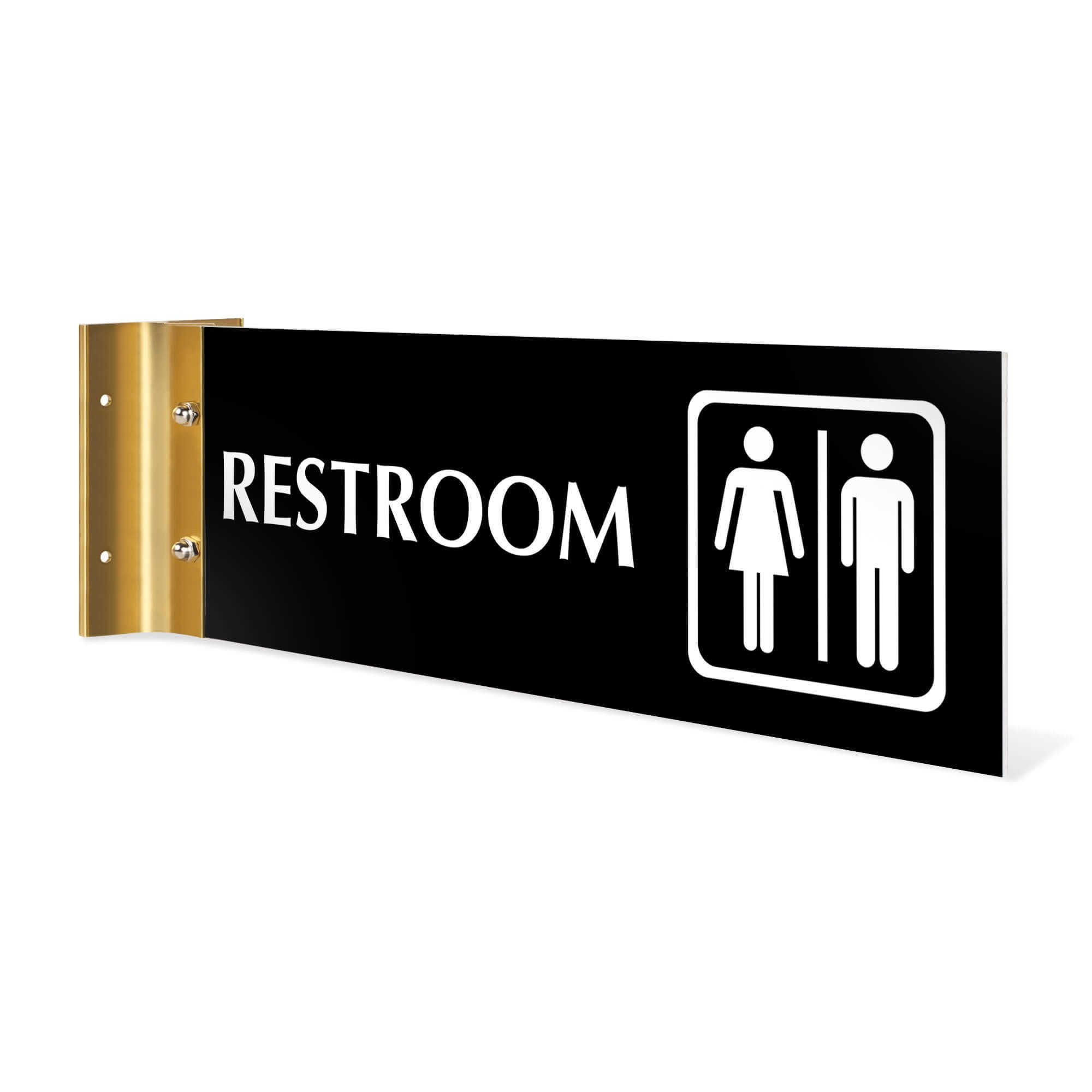 4” x12” “RESTROOM” Corridor sign with black material color, white engraved text, logo and yellow gold holder on a white background.