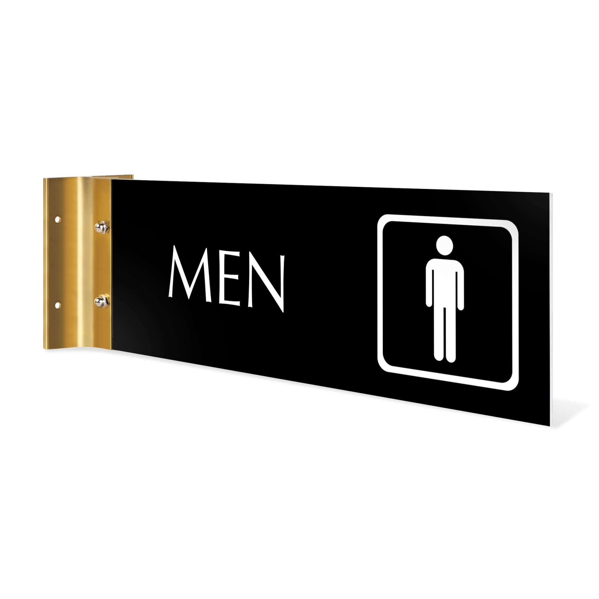 4” x12” “MEN” Corridor sign with black material color, white engraved text, logo and yellow gold holder on a white background.