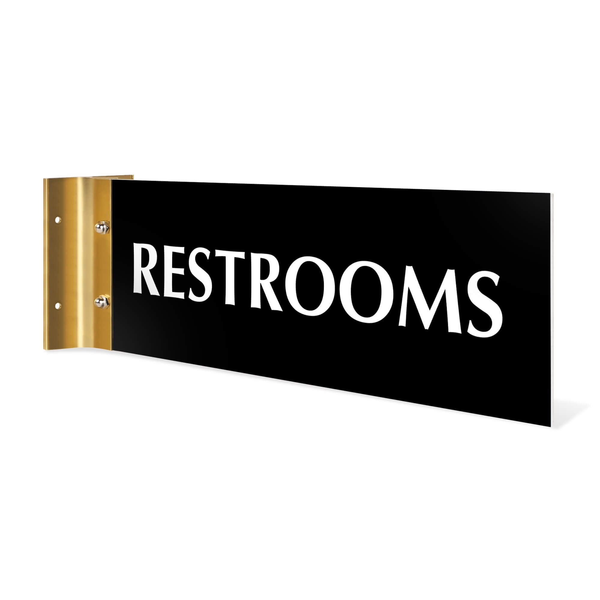 4” x12” “RESTROOMS” Corridor sign with black material color, white engraved text, and gold holder on a white background.