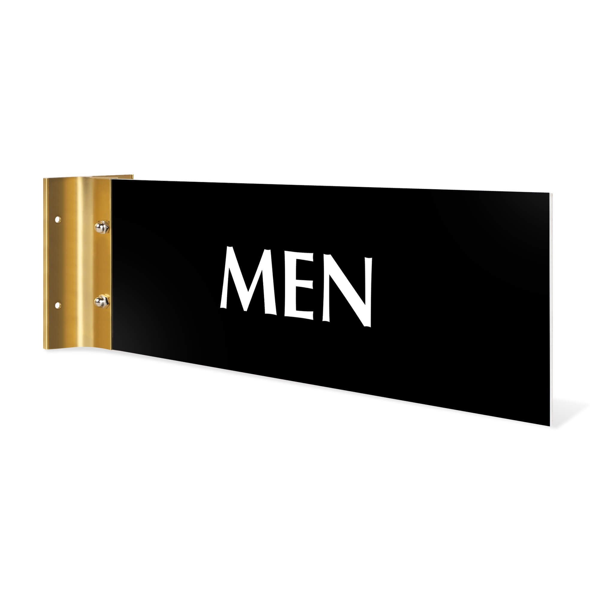 4” x12” “MEN” Corridor sign with black material color, white engraved text, and gold holder on a white background.