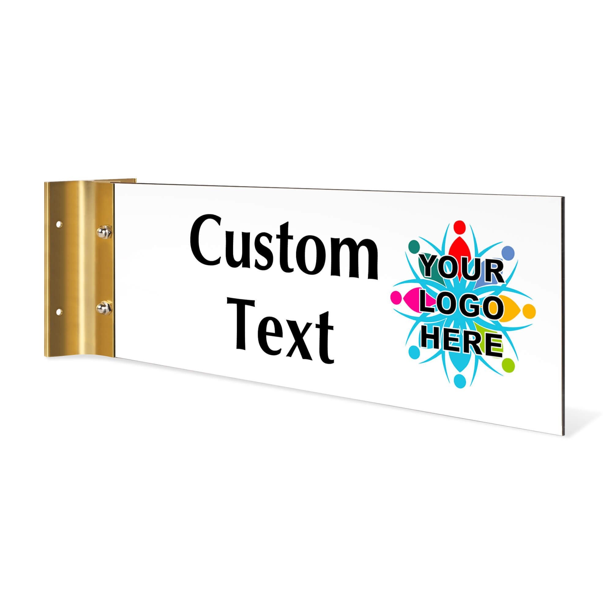 4” x12” “Custom Text” Corridor sign with gold holder and placeholder logo, customizable text on a white background.