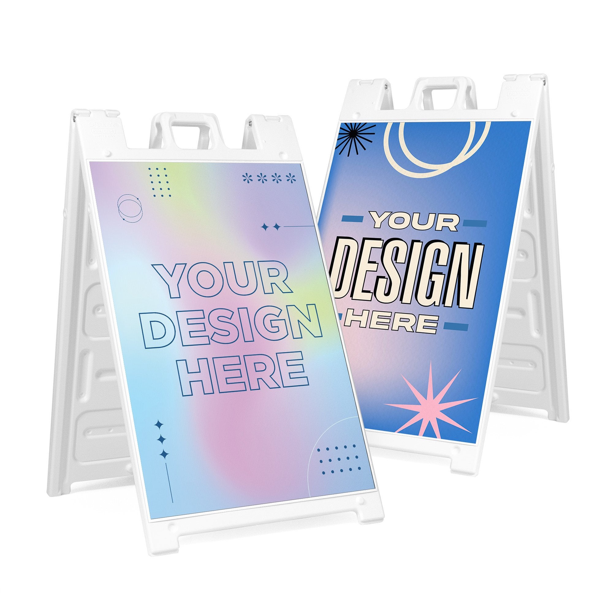 Custom design sandwich board signs with vibrant and colorful inserts