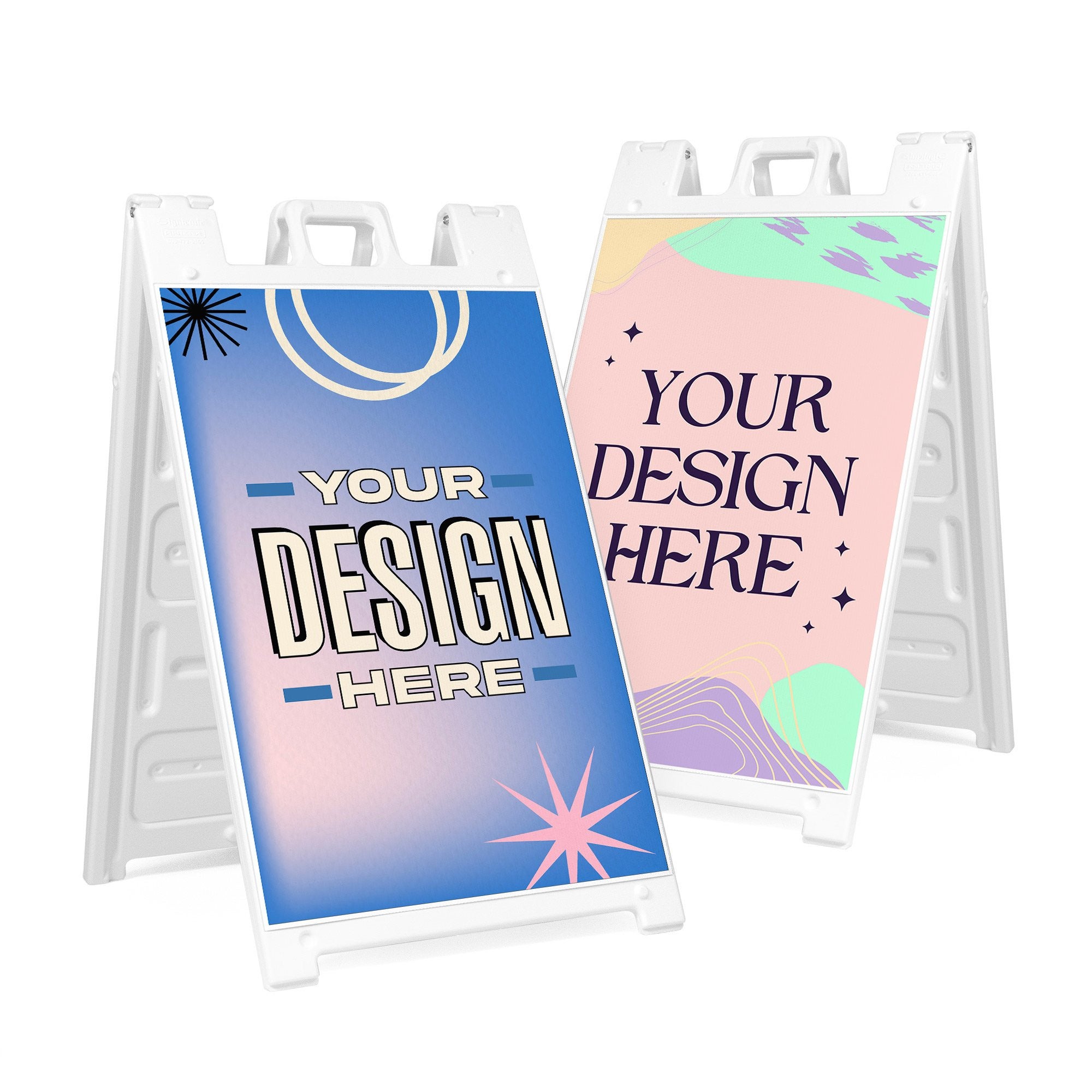 Custom design sandwich board signs with vibrant and colorful inserts