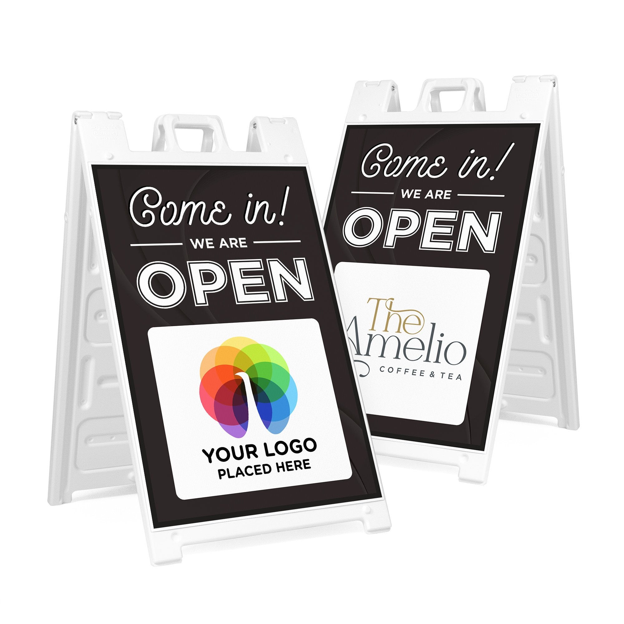 Two examples of the We Are Open sandwich board sign with an uploaded logo
